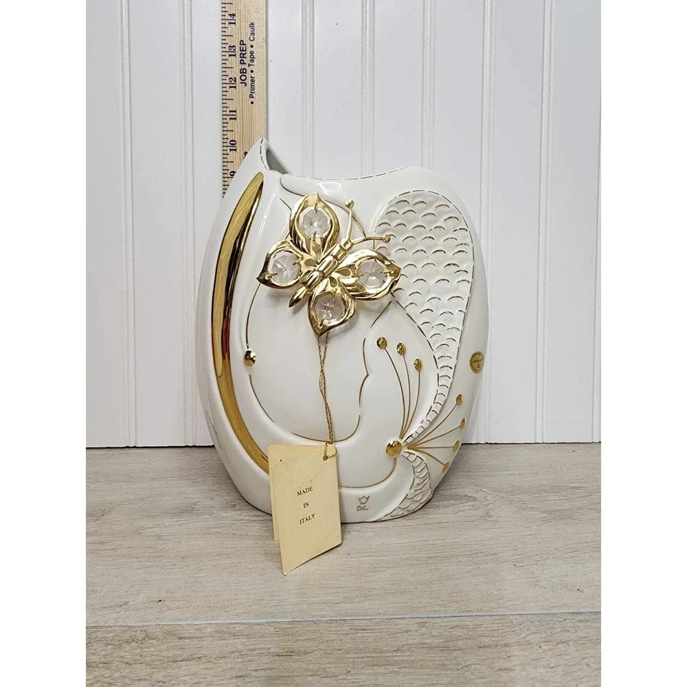RARE Vintage 80s Italy Porcelain White Gold‎ Vase Butterfly Bruno Costenaro